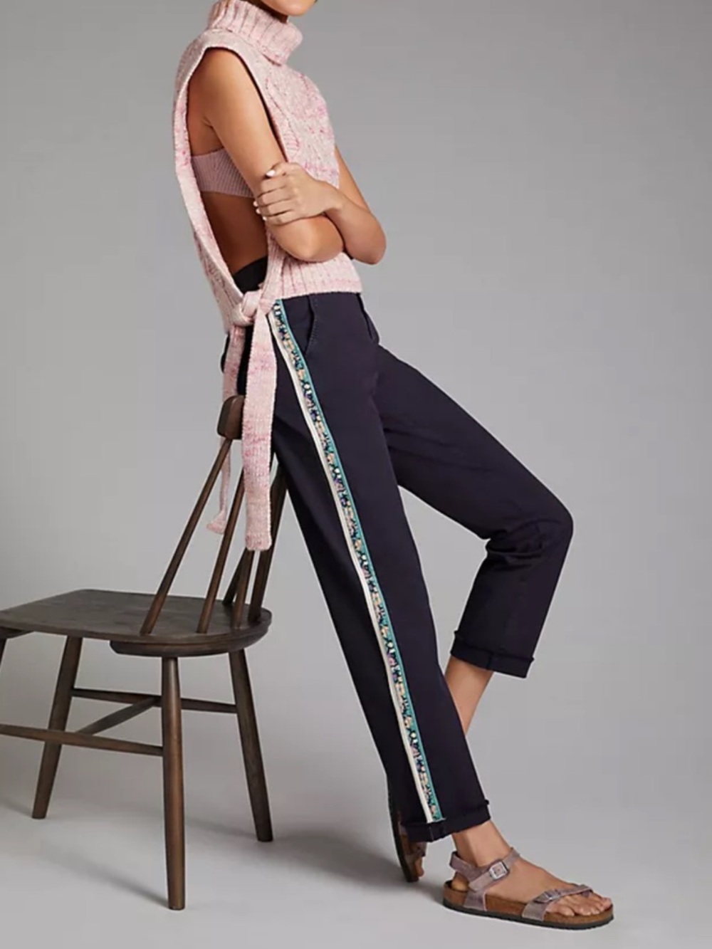 Pilcro Navy Cropped Chino Pants with Floral Side Stripe